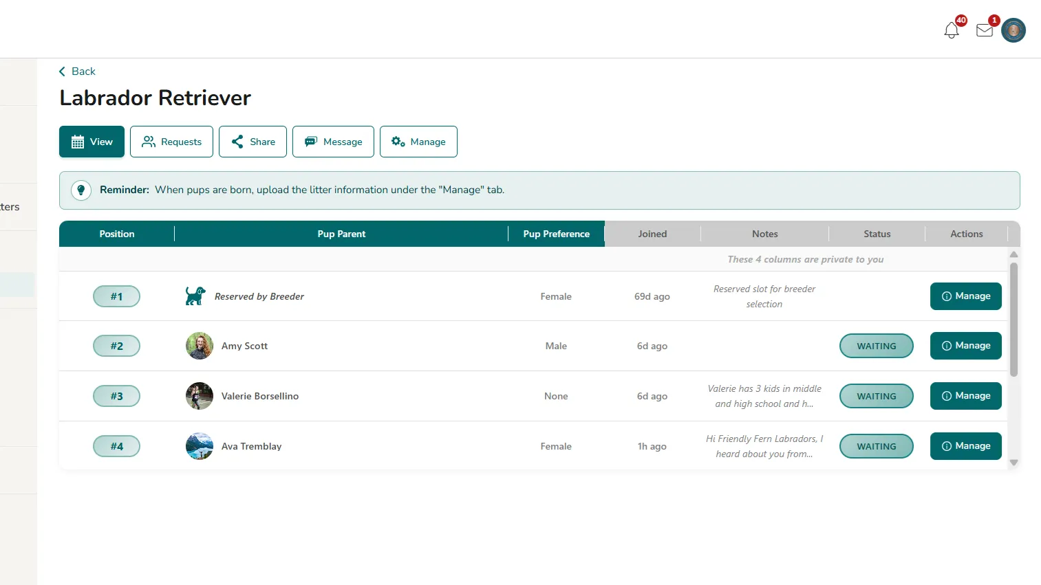 Manage Waitlist - Add Notes to a Pup Parent on the Waitlist