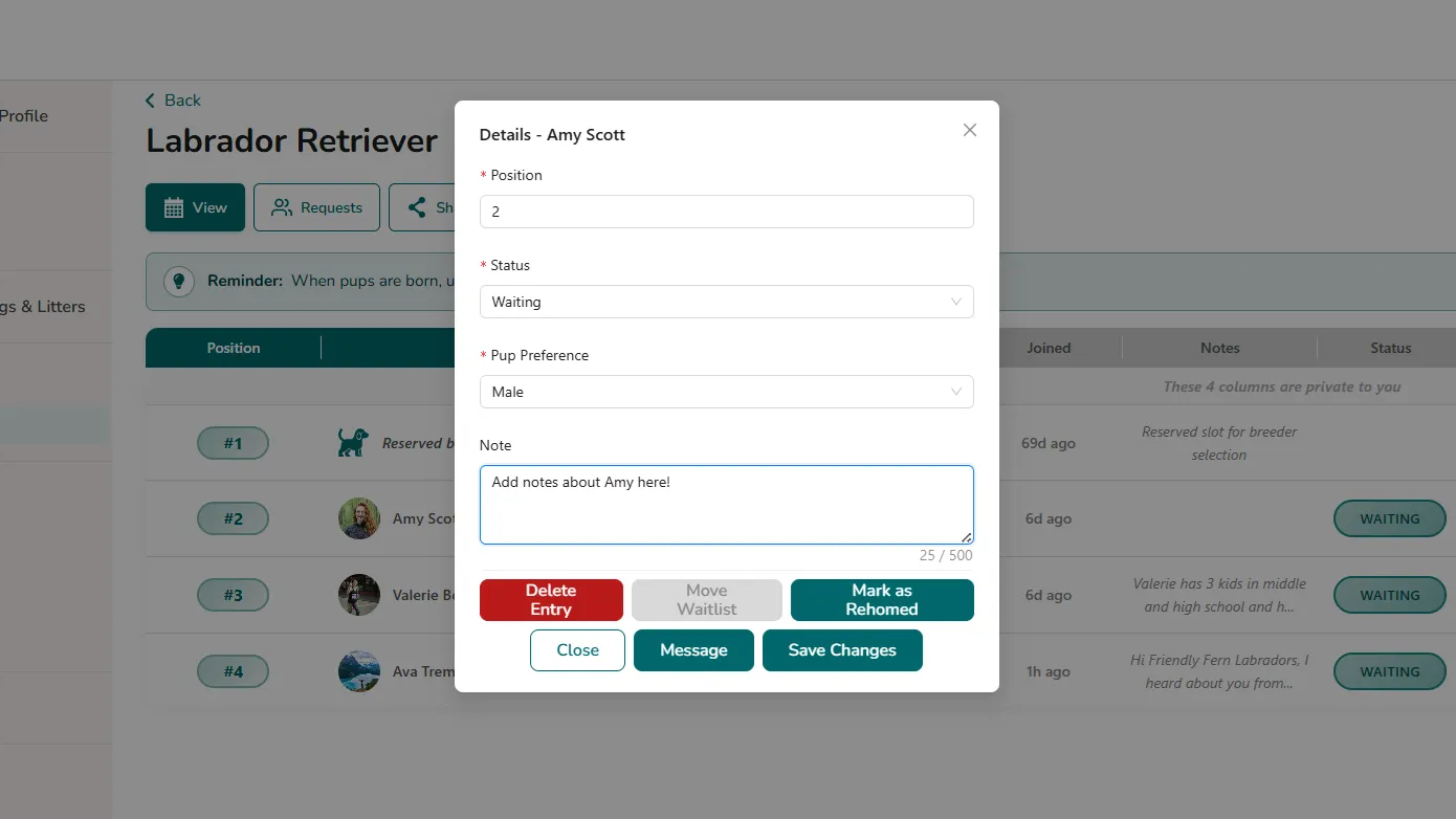 Manage Waitlist - Add Notes to a Pup Parent on the Waitlist
