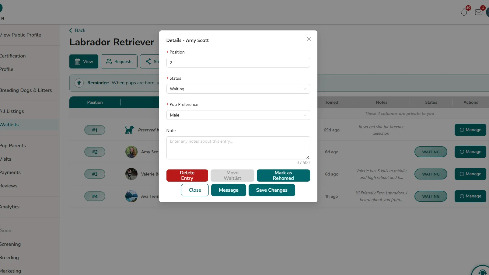 Manage Waitlist - Removing a Pup Parent After Rehoming