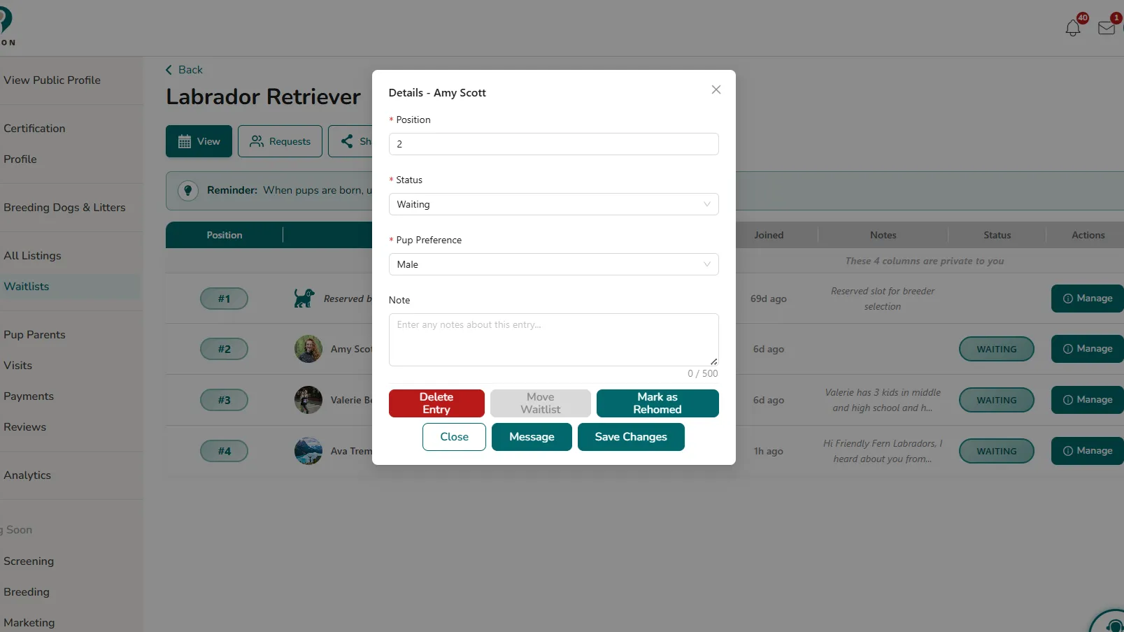 Manage Waitlist - Change a Pup Parent's Position