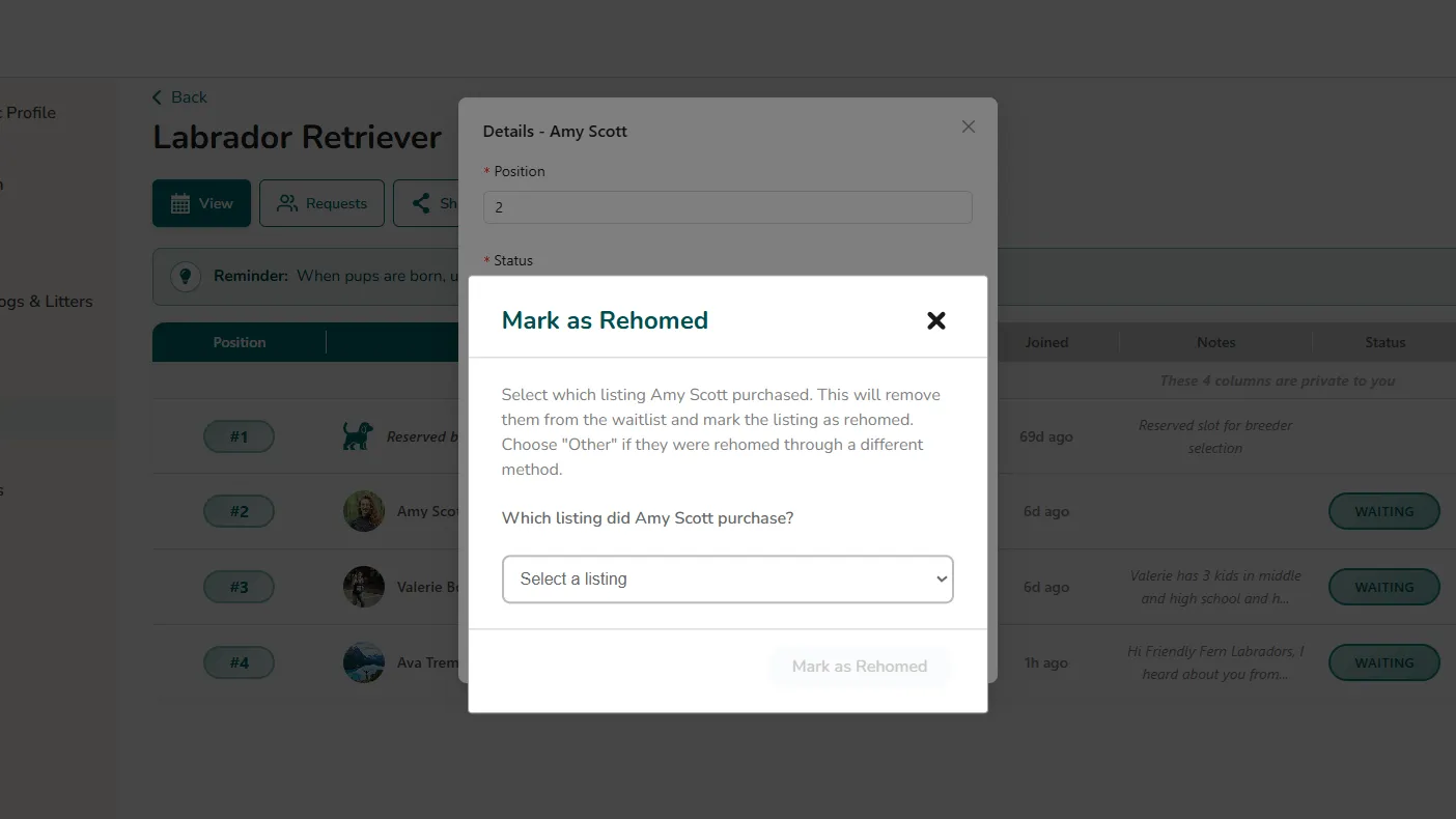 Manage Waitlist - Removing a Pup Parent After Rehoming