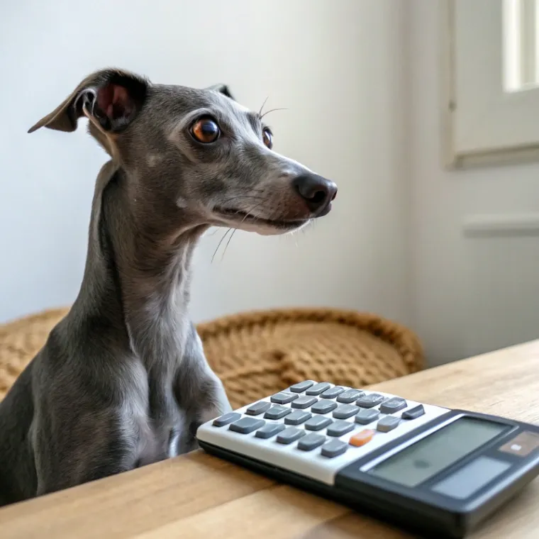 Italian Greyhound sitting with a calculator