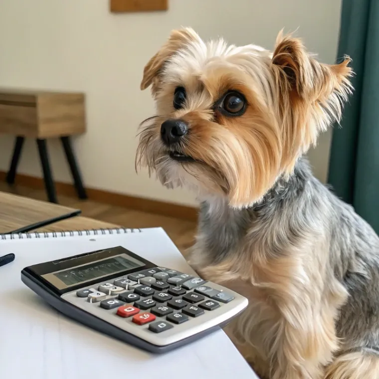 Yorkshire Terrier sitting with a calculator