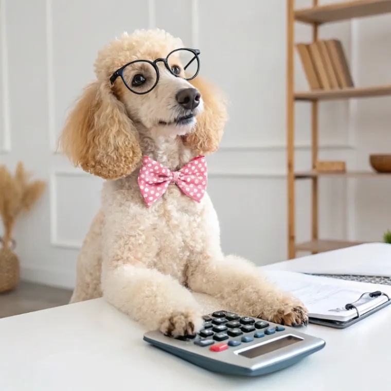 Poodle sitting with a calculator