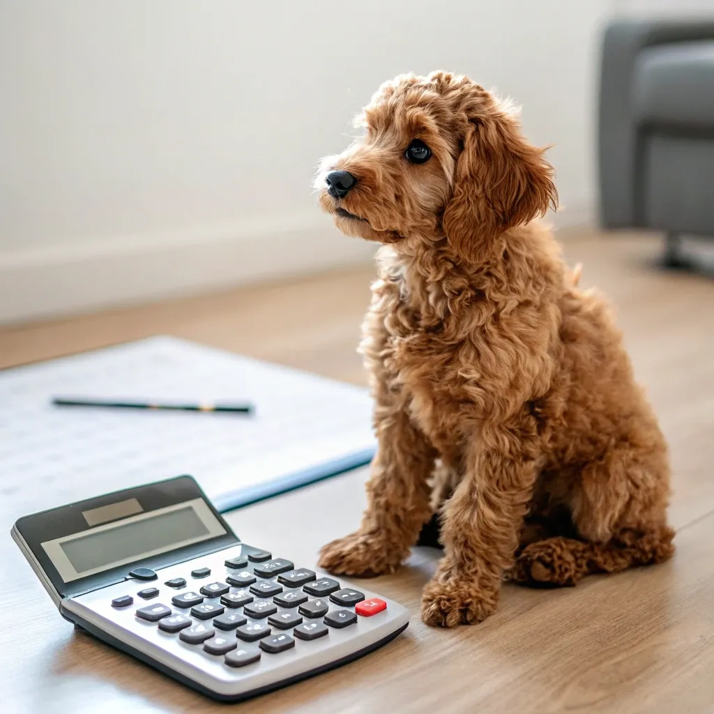 A Mini Irish Doodle sitting on the hardwood floor with a calculator