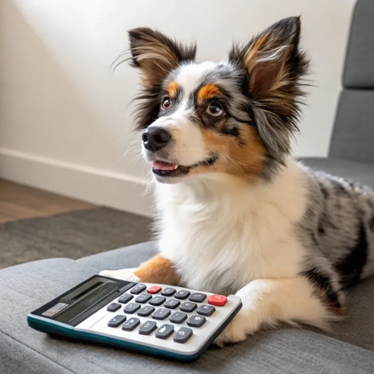 Miniature American Shepherd sitting with a calculator