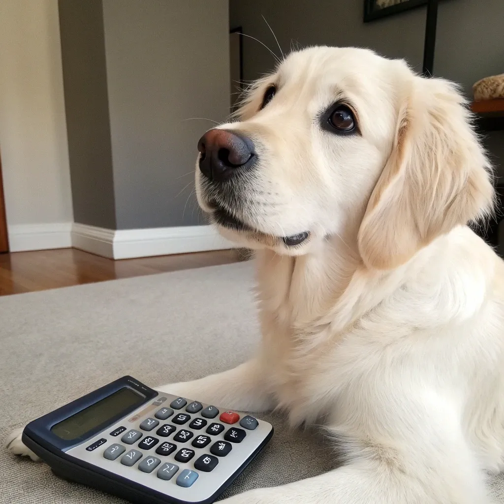 An English Cream Golden Retriever sitting inside on a beige rug with a calculator 