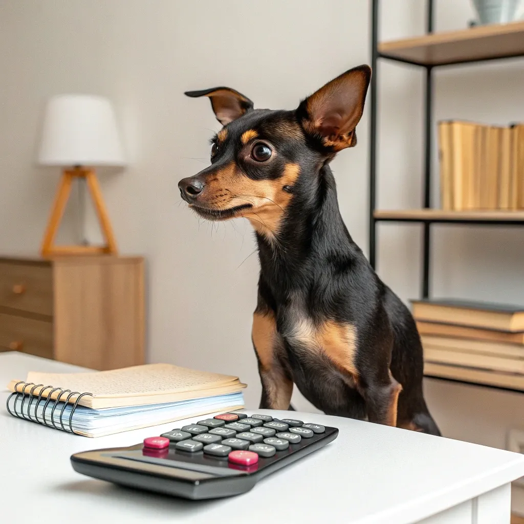 A Prague ratter dog leaning up on a desk with a calculator