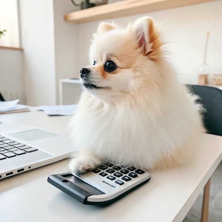 Pomeranian sitting with a calculator