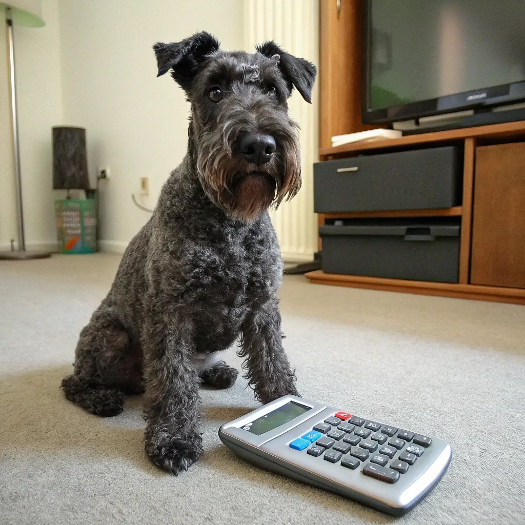 A Kerry Blue Terrier dog sitting with a calculator inside a house on white carpet