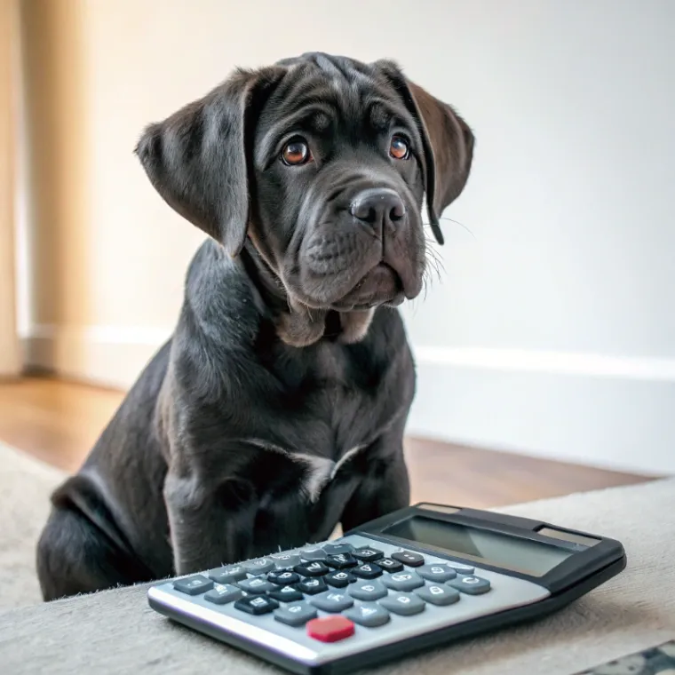 Cane Corso sitting with a calculator