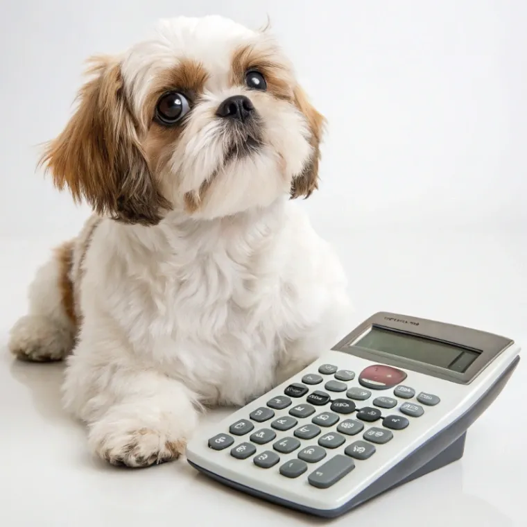 Shih Tzu sitting with a calculator