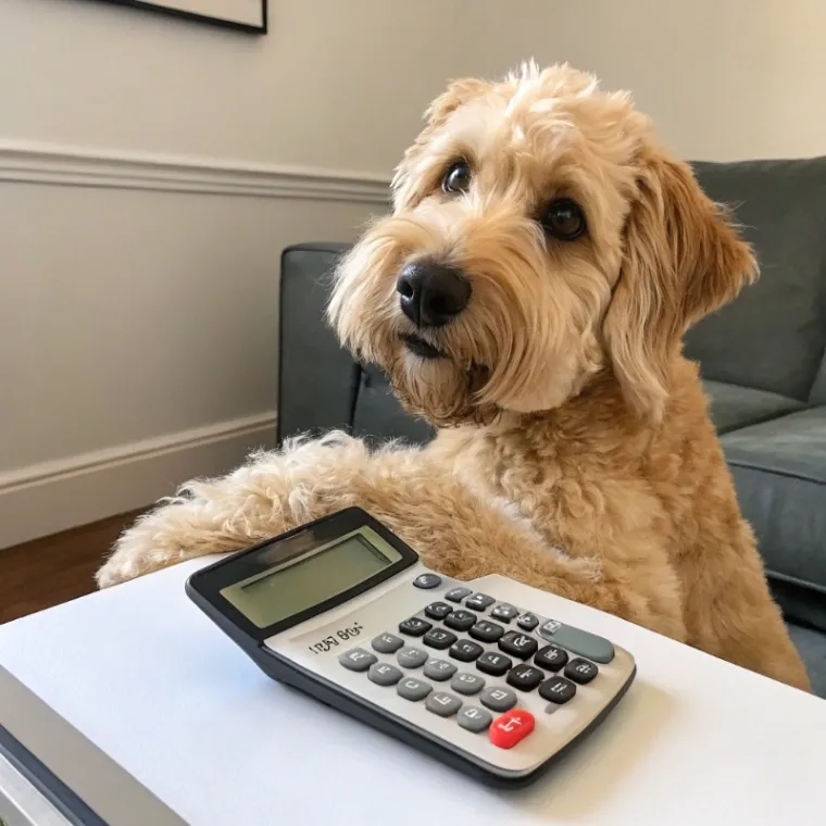 Soft Coated Wheaten Terrier sitting with a calculator