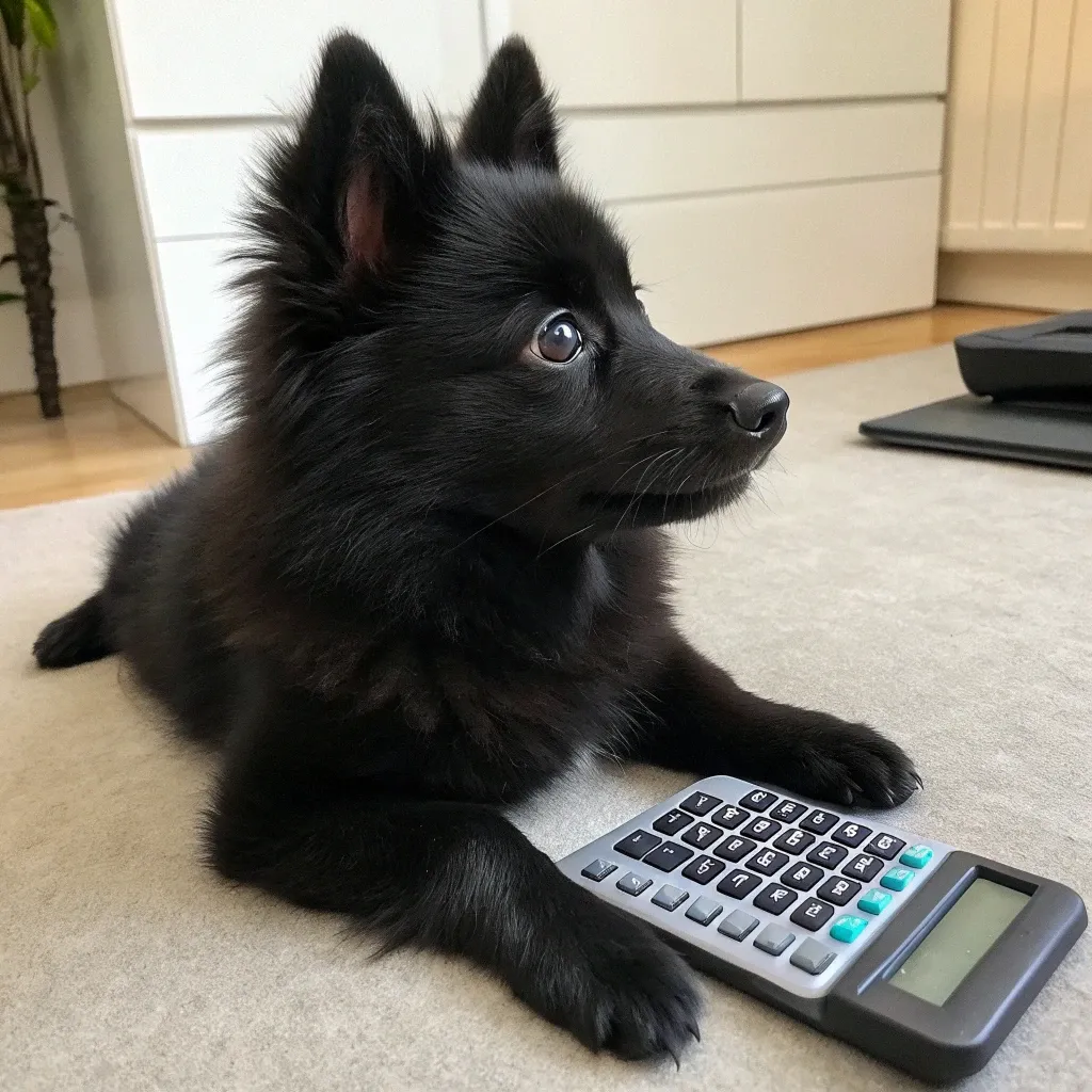 Schipperke sitting with a calculator
