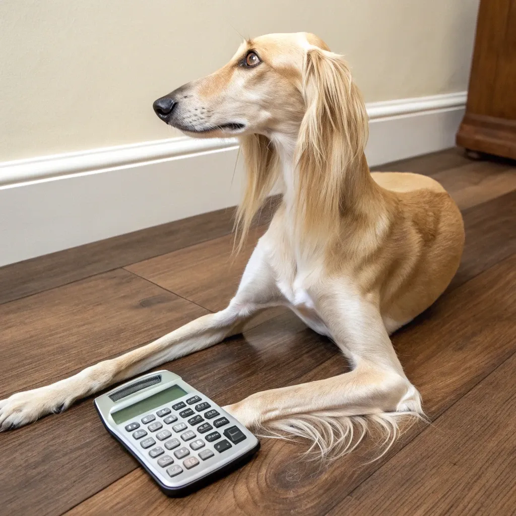 A Saluki dog sitting on the hardwood floor inside with a calculator