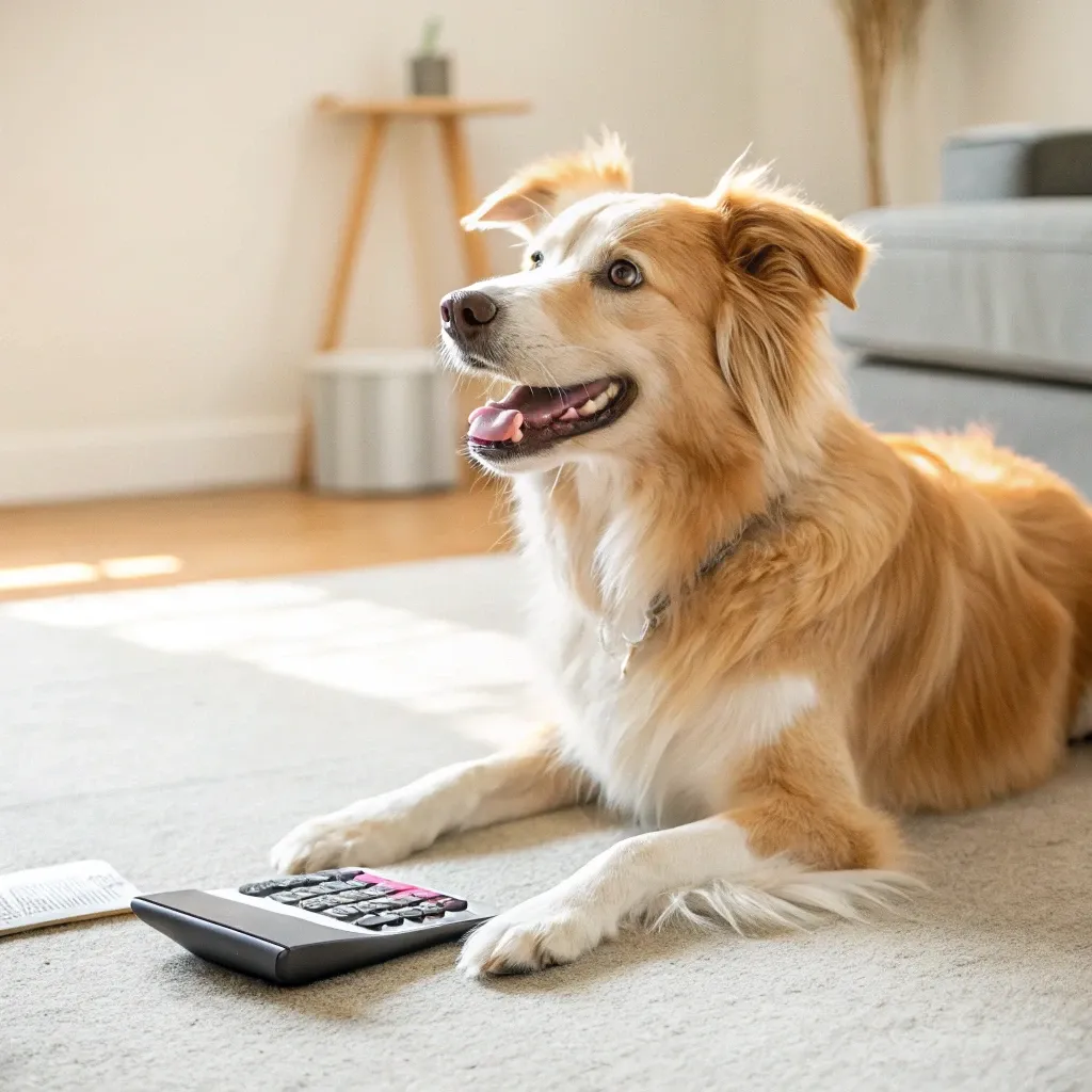 A blonde border collie sitting inside at home on the floor with a calculator