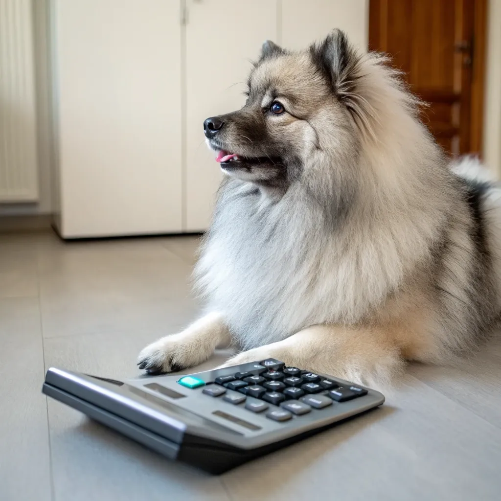 A photo of a keeshond dog sitting on the floor with a calculator