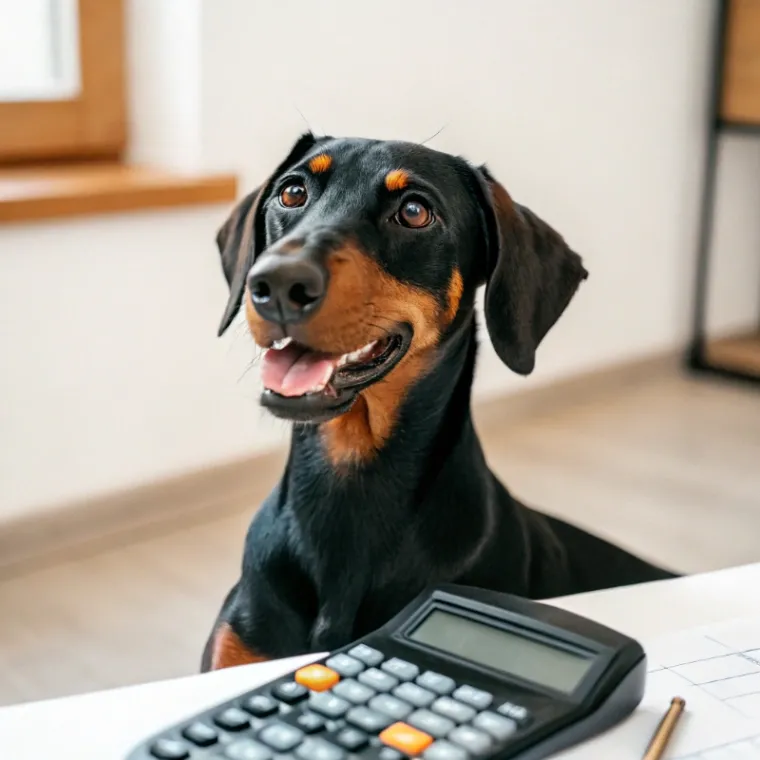 Doberman Pinscher sitting with a calculator