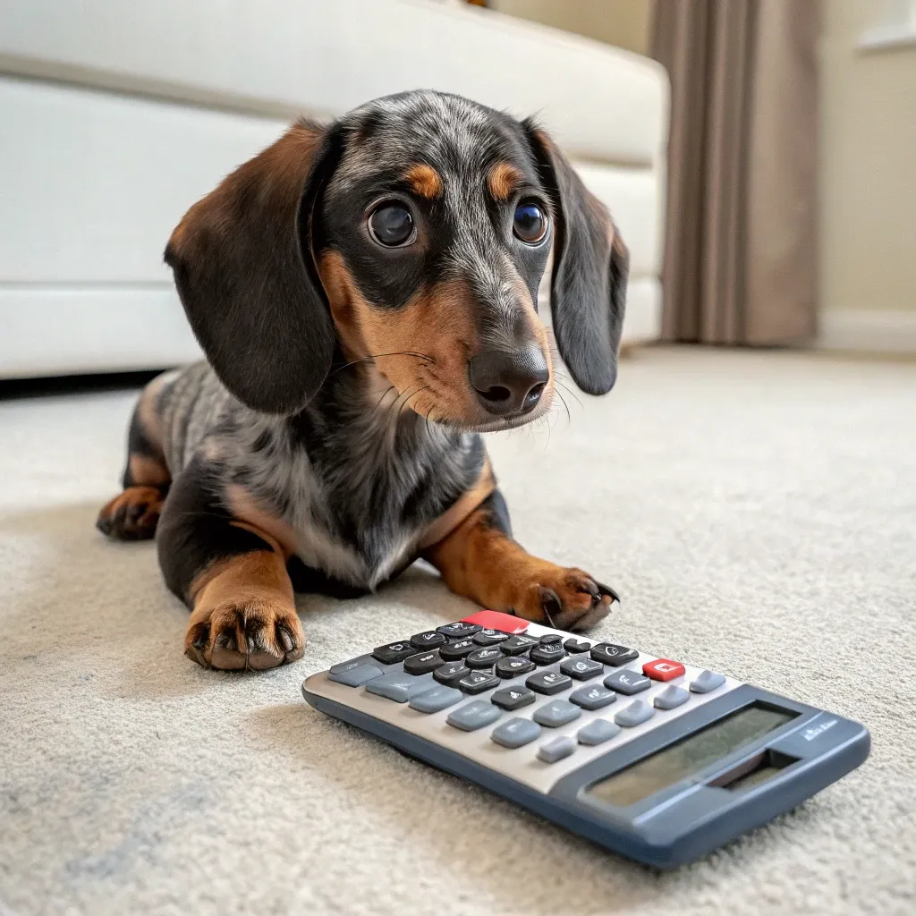 An adorable dapple dachshund inside on white carpet sitting with a calculator