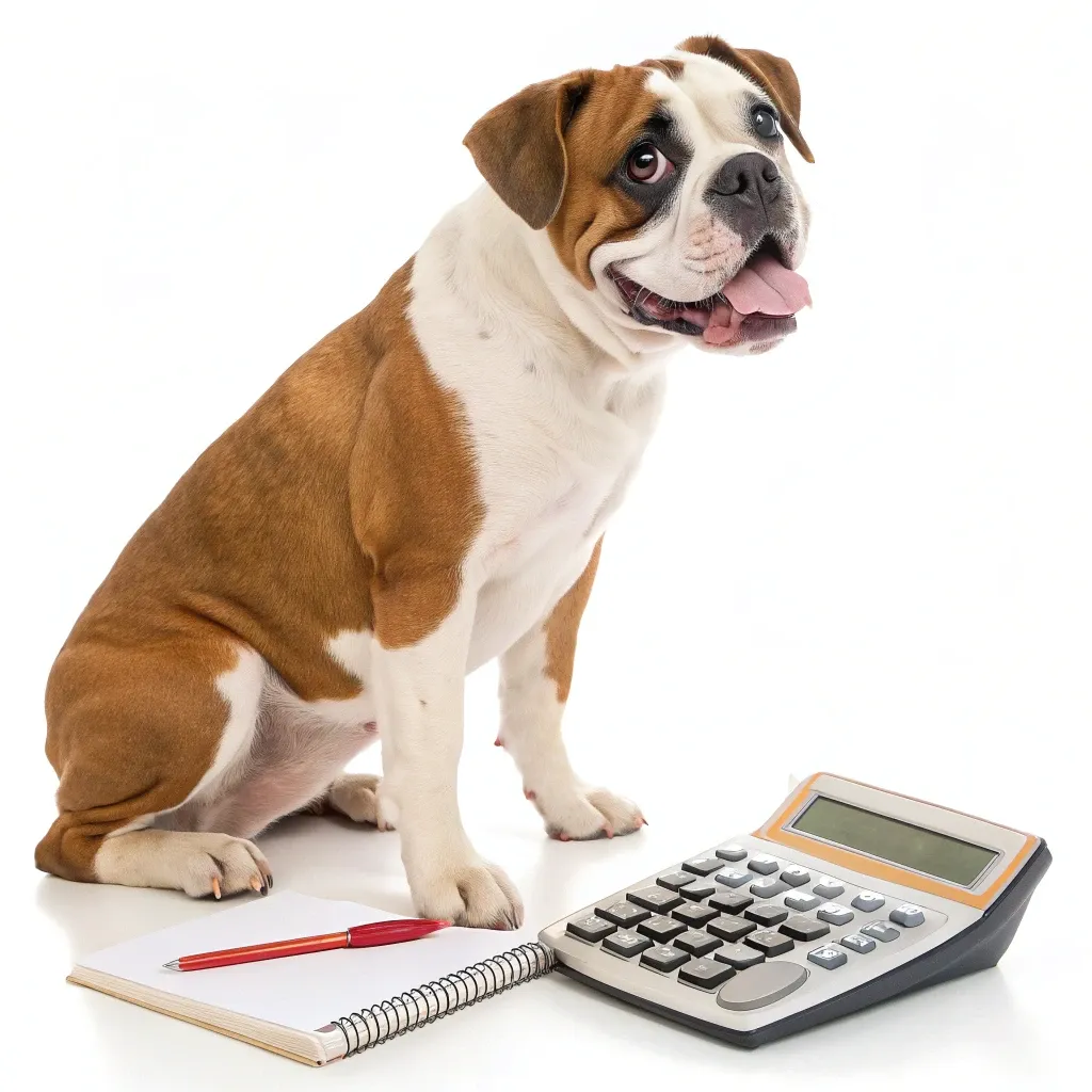 A Valley Bulldog sitting with a notebook, a red pen and a calculator