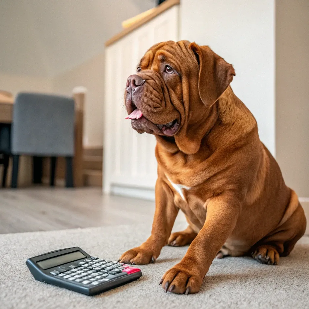 Dogue de Bordeaux sitting with a calculator