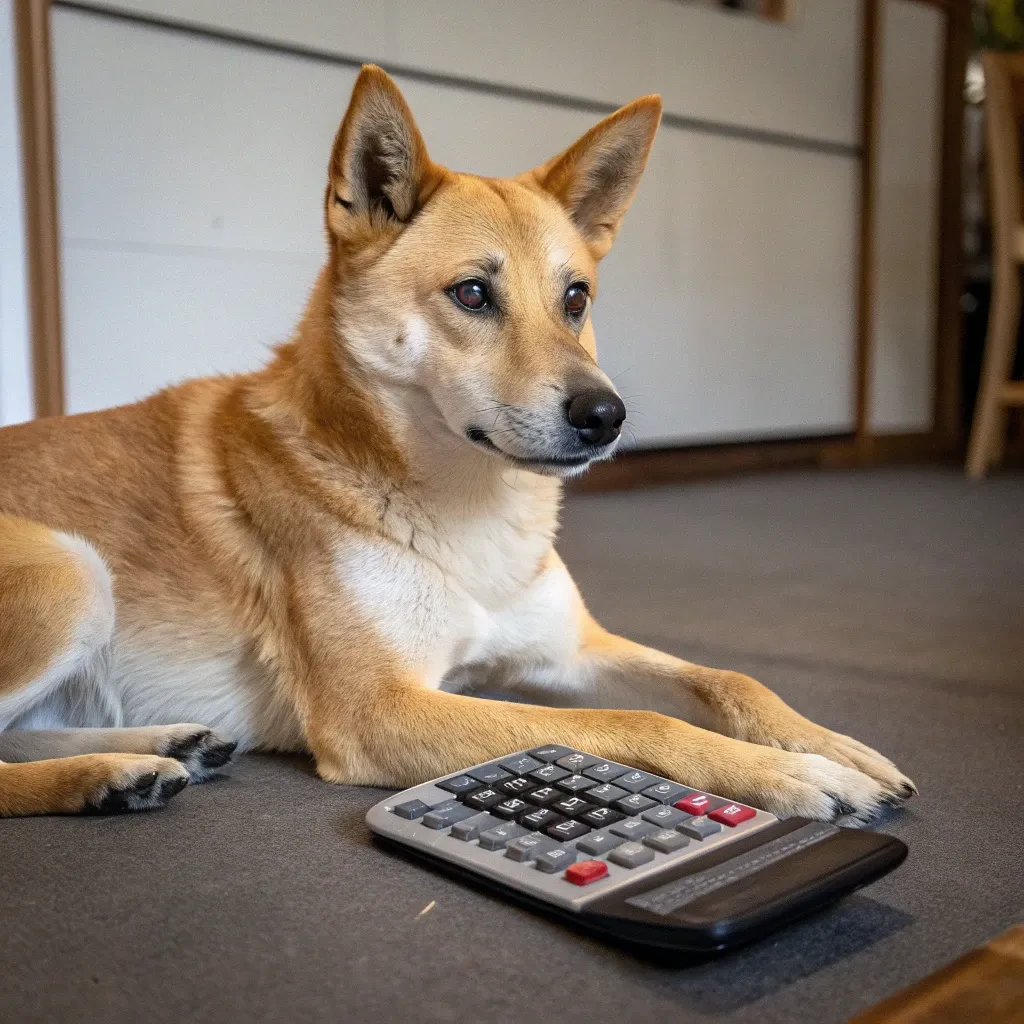 An American Dingo (or Caroline Dog) sitting on the carpet with a calculator