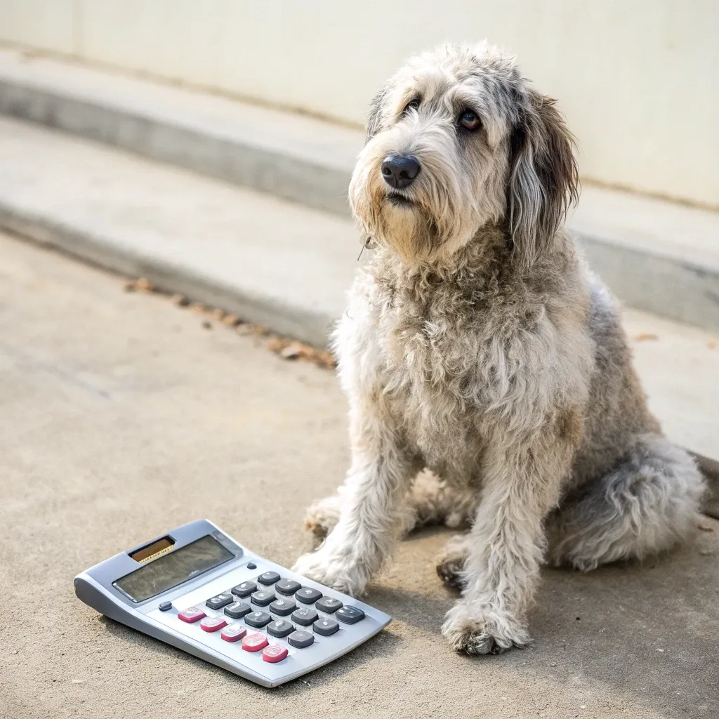 A Portugese Sheepdog sitting on the sidewalk with a calculator