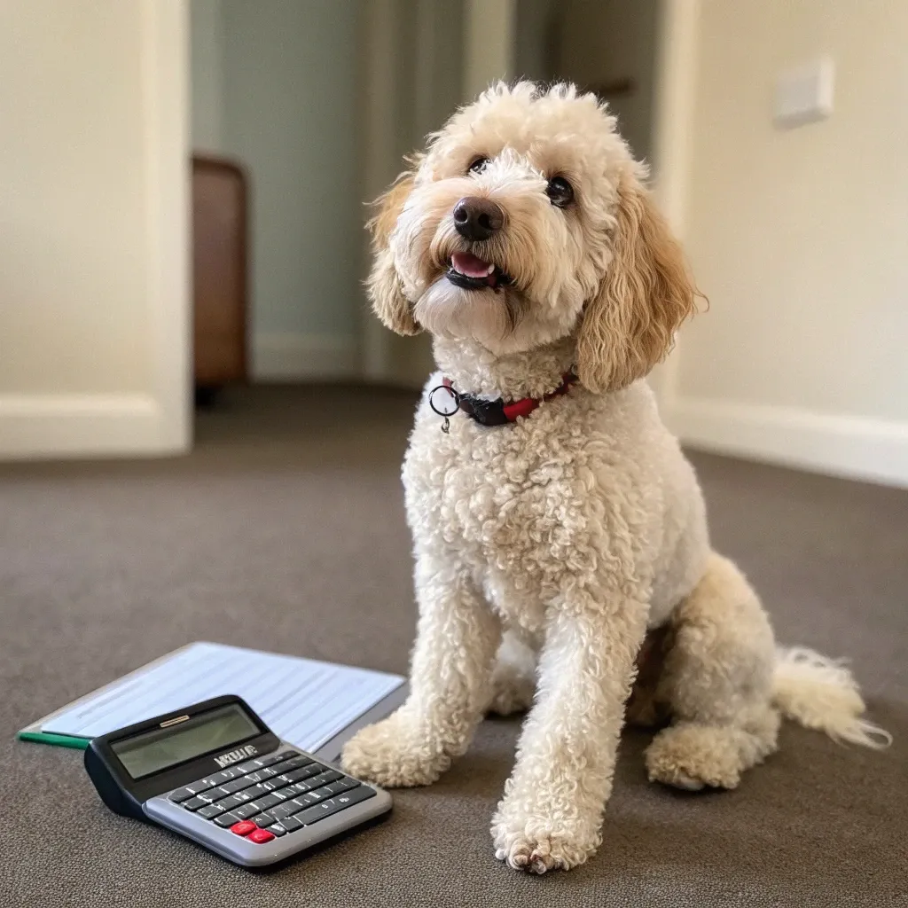 An adorable Spanish Water Dog sitting on the hardwood floor with a calculator