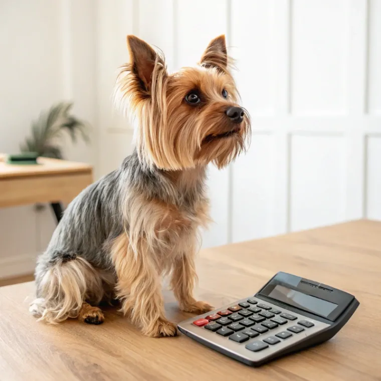 Silky Terrier sitting with a calculator