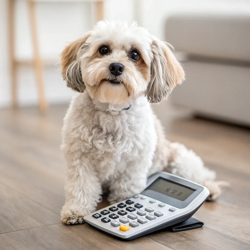 A photo of a white Russian Tsvetnaya Bolonka dog sitting on the hardwood floor with a calculator
