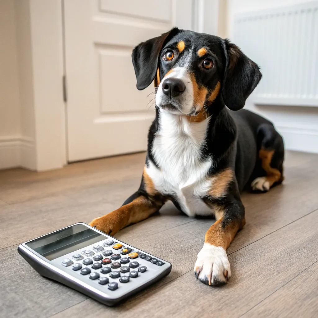 Entlebucher Mountain Dog sitting with a calculator