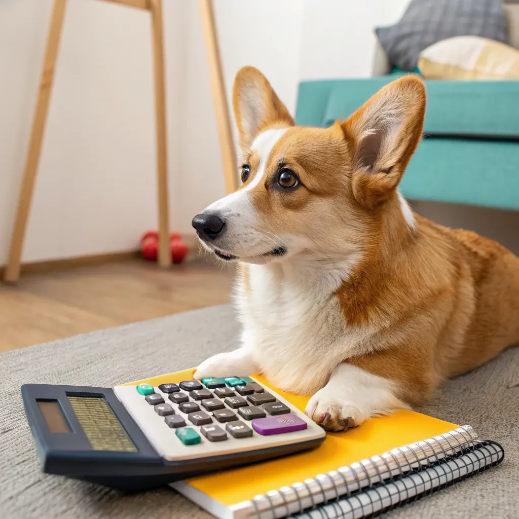 A Pembroke Welsh Corgi sitting on the floor on a rug leaning on a yellow notebook and a calculator