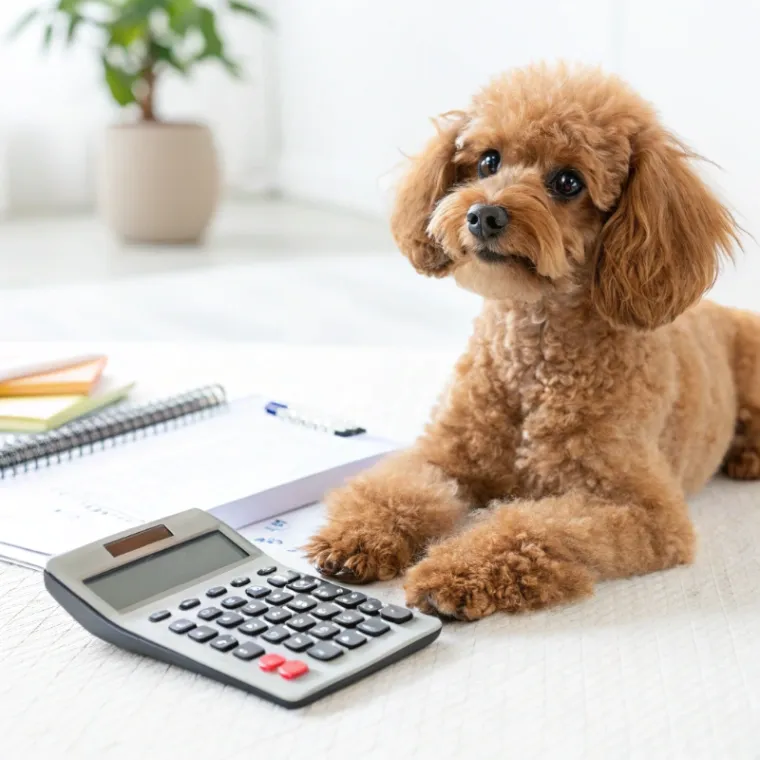 Toy Poodle sitting with a calculator