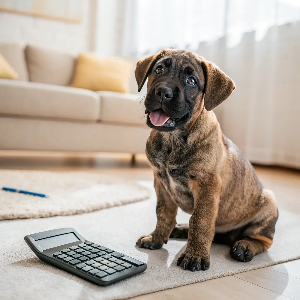 A Presa Canario puppy sitting inside on a rug next to a calculator