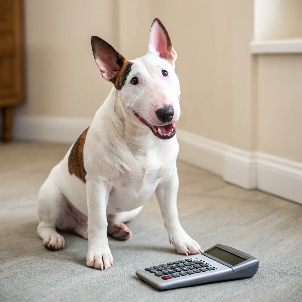 Bull Terrier sitting with a calculator