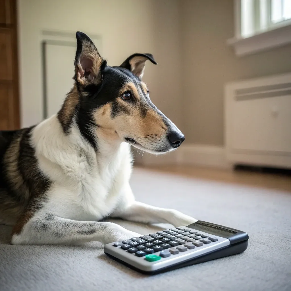 Smooth Collie sitting with a calculator
