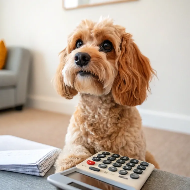 Cockapoo sitting with a calculator