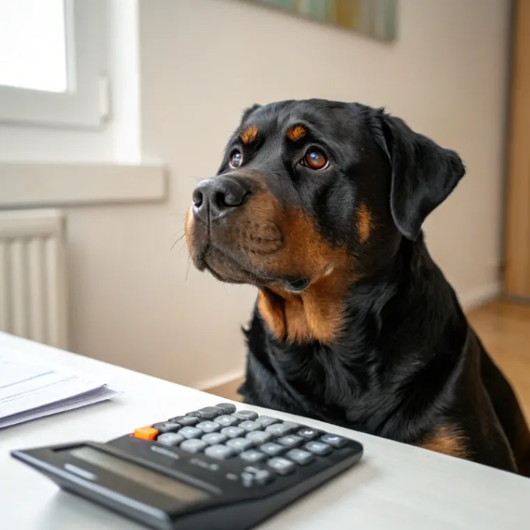 Rottweiler sitting with a calculator