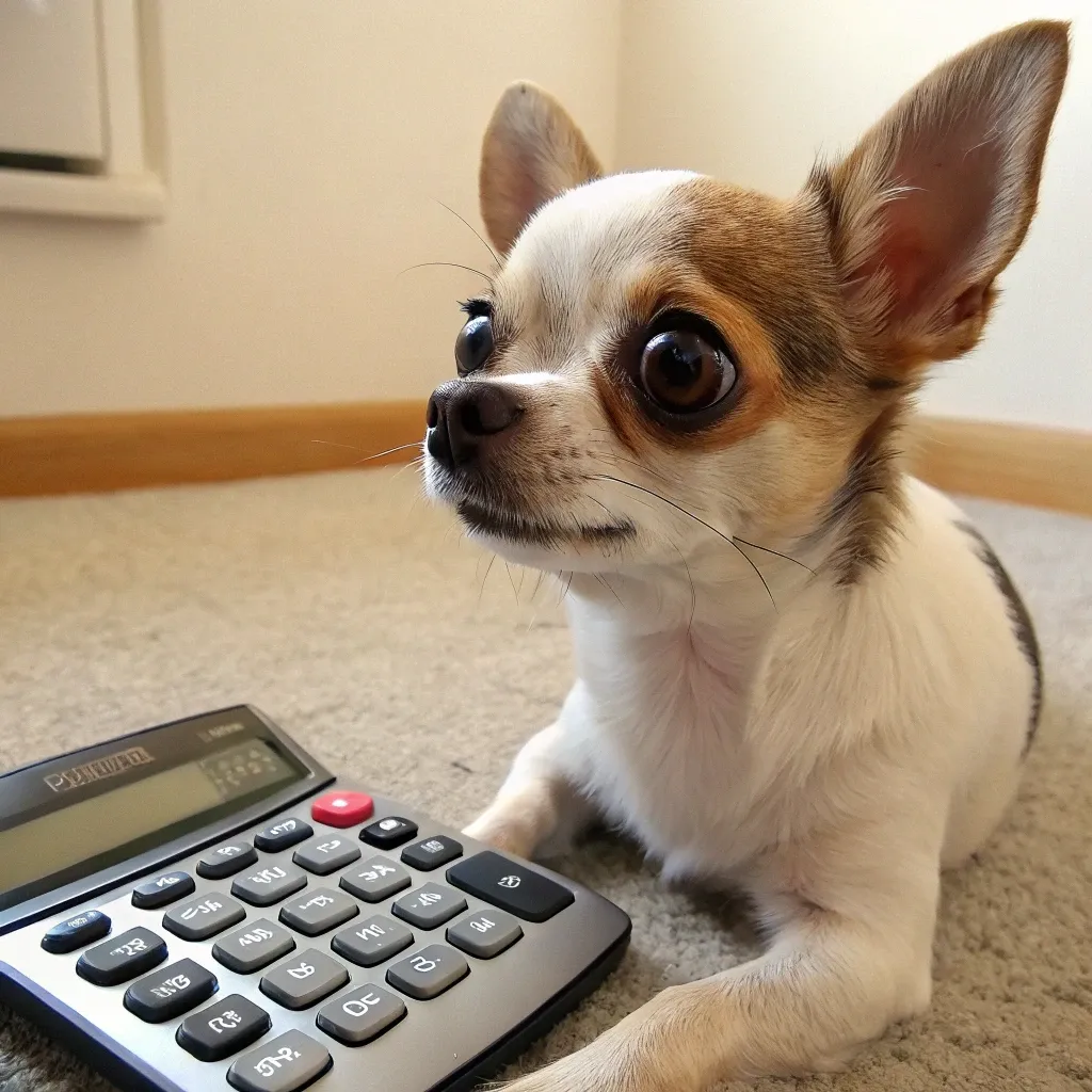 An Apple Head Chihuahua sitting on the carpet next to a calculator