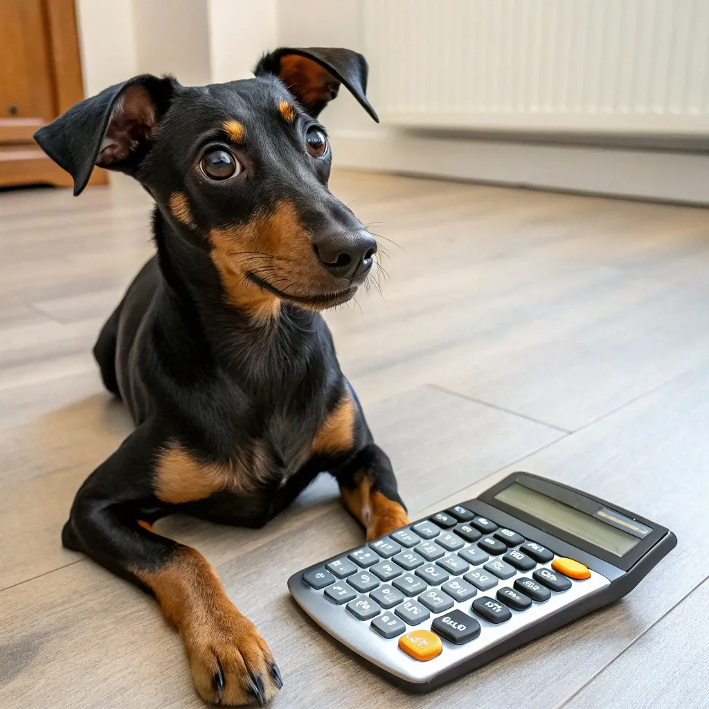 Manchester Terrier sitting with a calculator