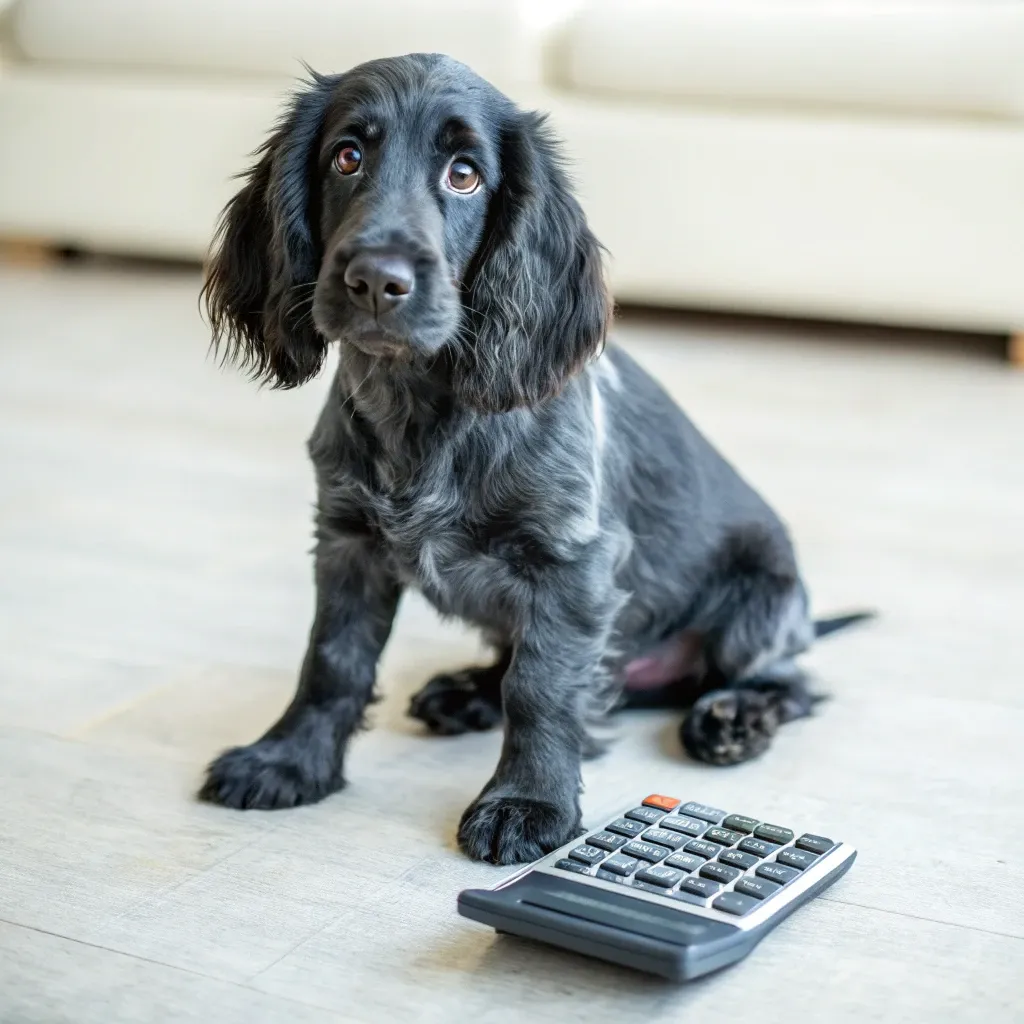 A Blue Picardy Spaniel sitting inside on the floor, beside a calculator