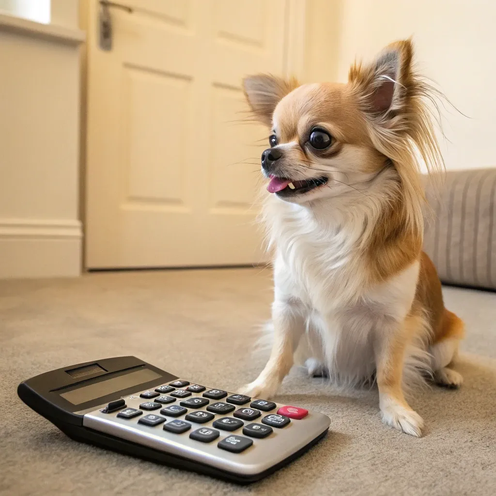 A long-haired chihuahua dog with white and blonde fur sitting inside with a calculator