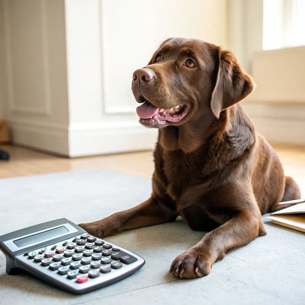 A chocolate labrador sitting on a rug inside a home with a calculator