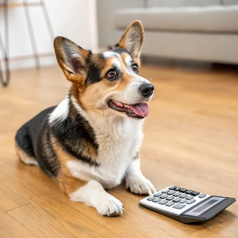Cowboy Corgi sitting with a calculator