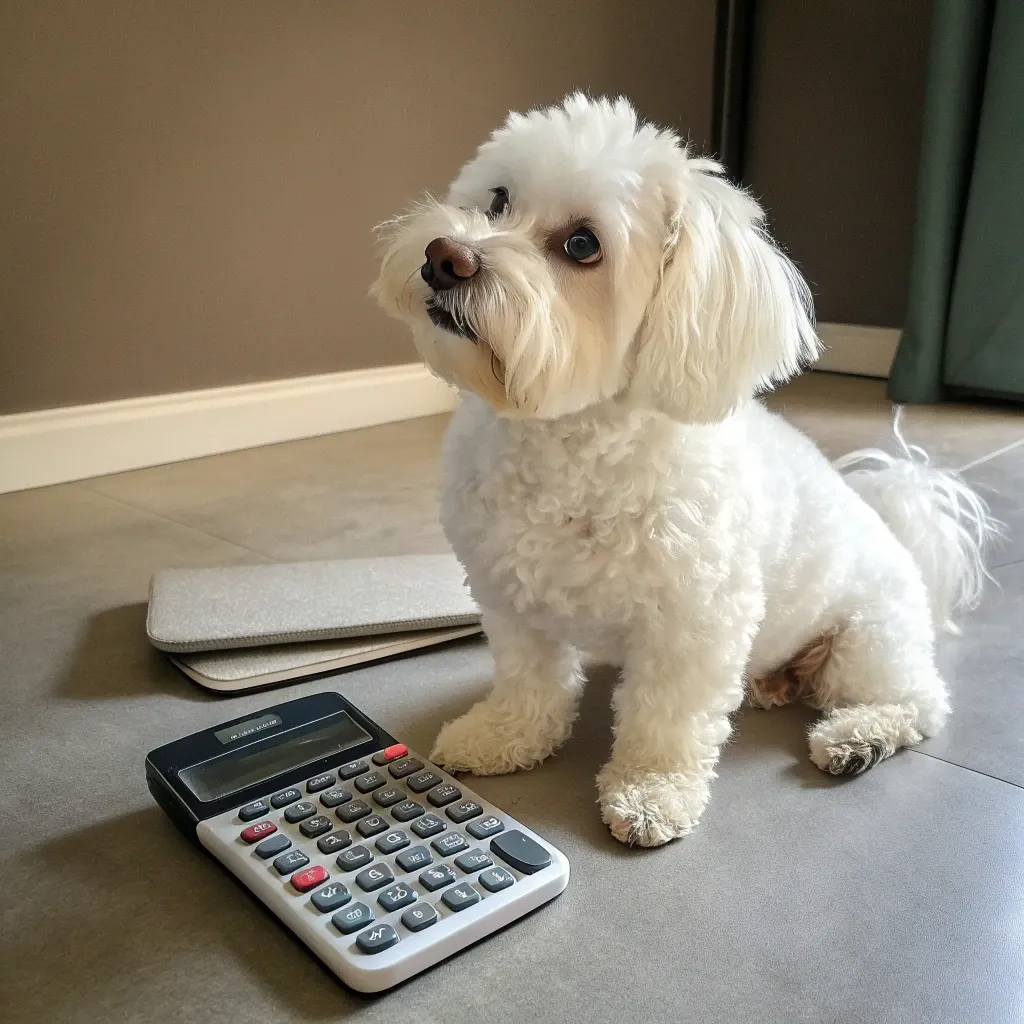A Maltese Bichon Frise mixed dog sitting inside next to a calculator on the floor