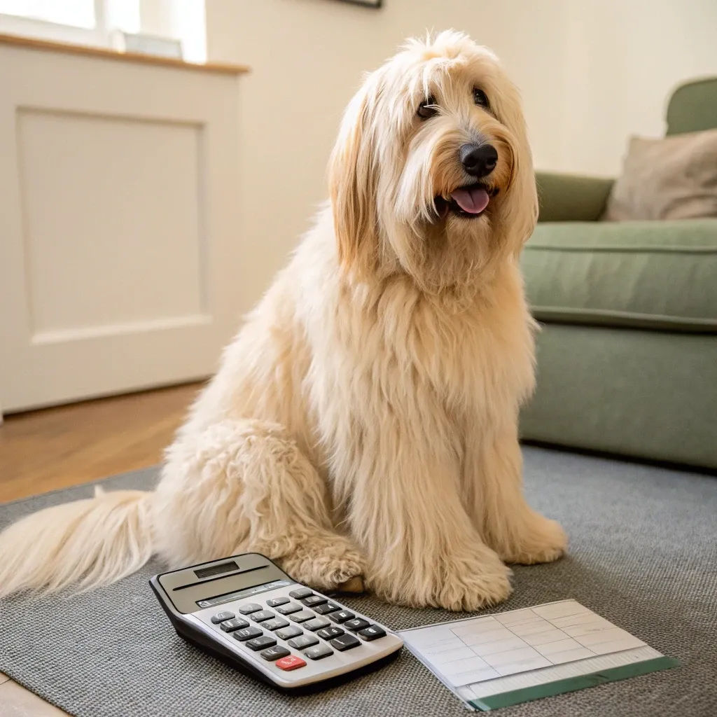 A Briard dog with light fur sitting on a grey rug with a calculator
