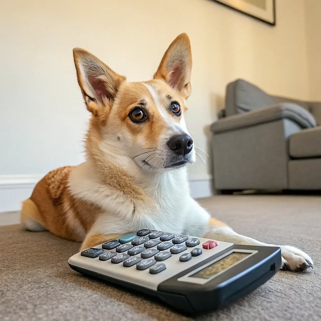 A Norwegian Lundehund sitting at home on the carpet with a calculator