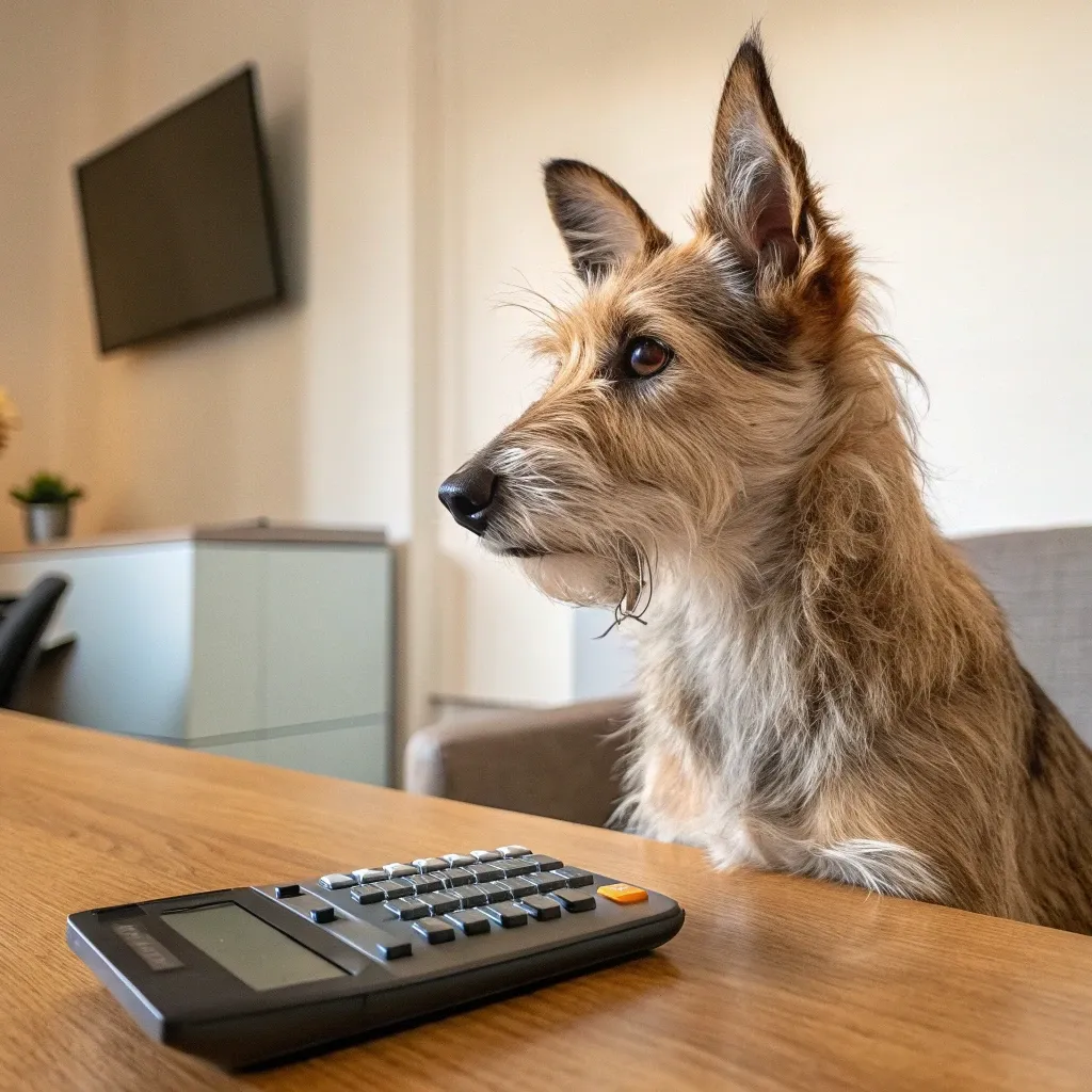 Berger Picard (Picardy Shepherd) sitting with a calculator