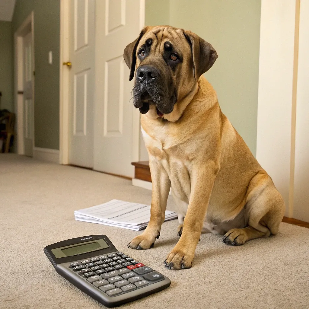 English Mastiff (Mastiff) sitting with a calculator
