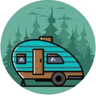 cartoon image of a mobile home in front of a forest
